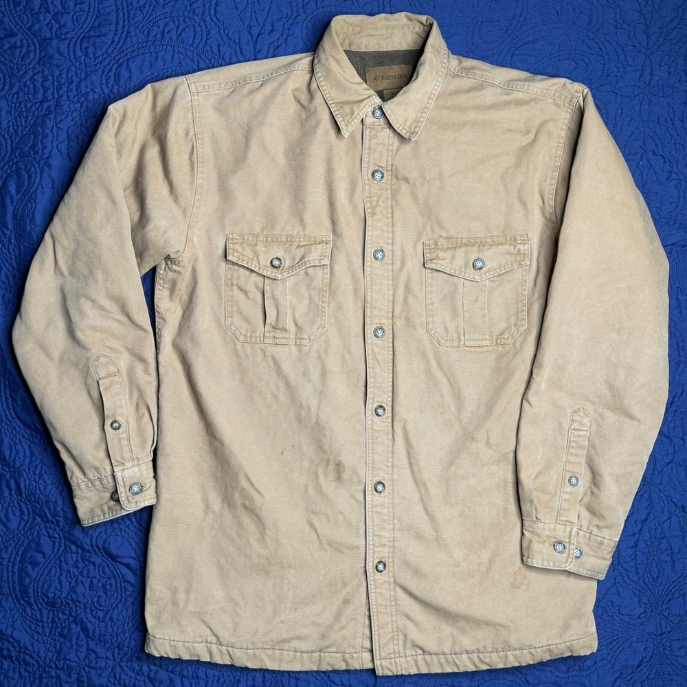 St Johns Bay Mens L Tall Fleece Lined Canvas Shirt Jacket Tan Khaki Workwear